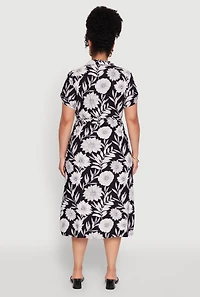 Womens Plus Size Floral Print Half Button Shirt Dress with Tie Waist Belt, Multi, Size 4X