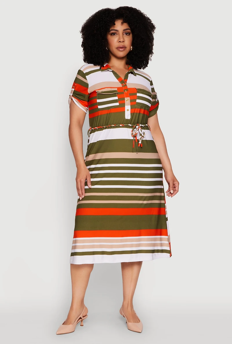 Plus Stylish Tie Waist Belted Tabbed Sleeve Shirt Dress