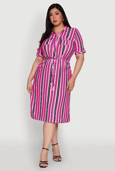 Womens Plus Size Striped Shirt Dress with Tie Waist Belt and Flap Pockets, Pink, Size 2X
