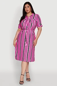 Womens Plus Size Striped Shirt Dress with Tie Waist Belt and Flap Pockets, Pink, Size 2X