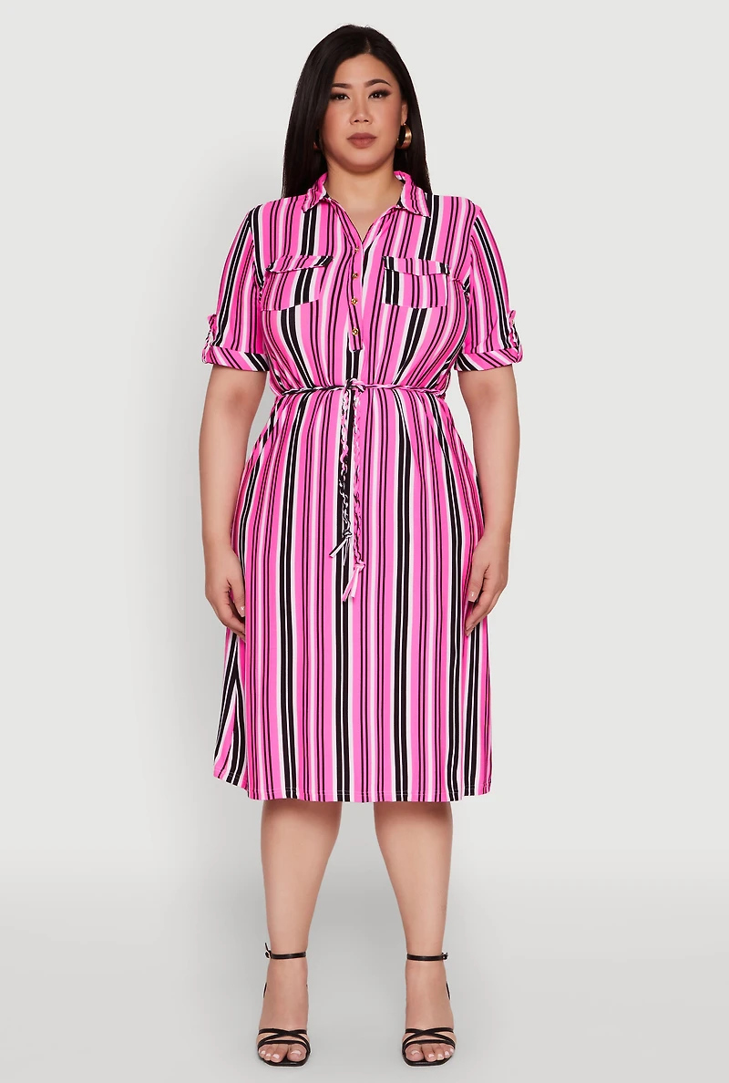 Womens Plus Size Striped Shirt Dress with Tie Waist Belt and Flap Pockets, Pink, Size 2X
