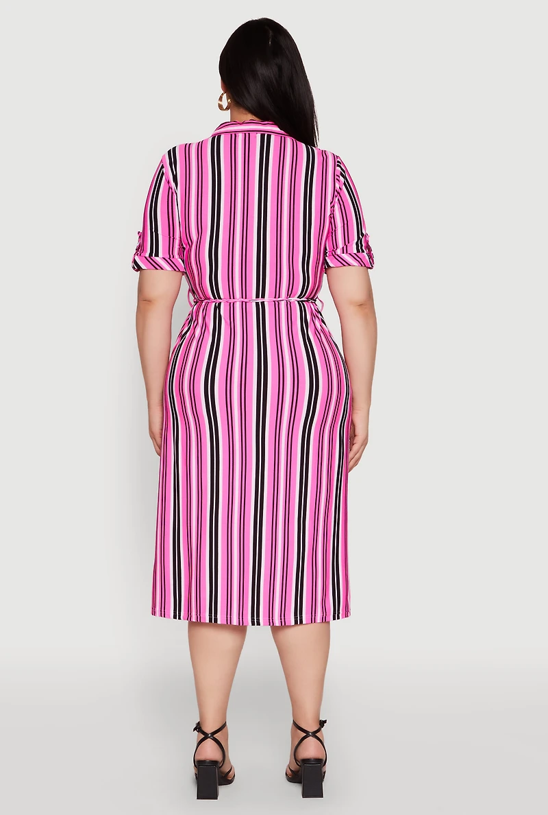 Womens Plus Size Striped Shirt Dress with Tie Waist Belt and Flap Pockets, Pink, Size 2X