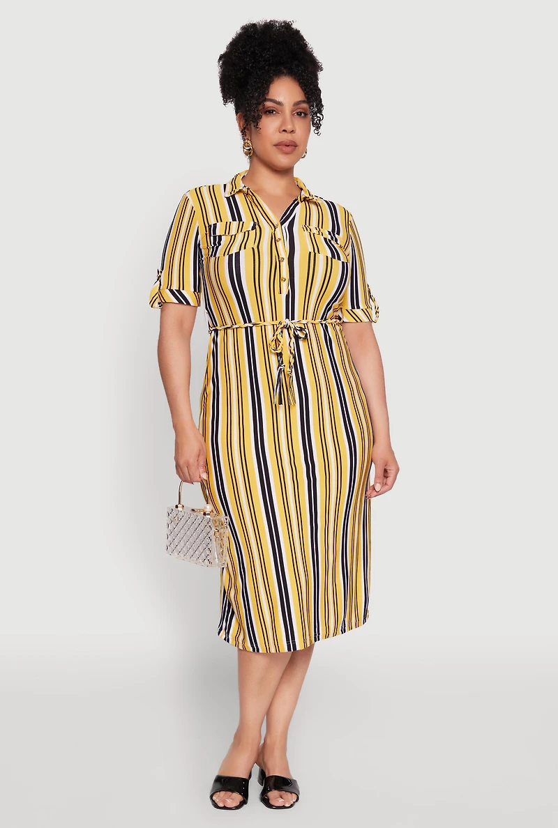 Plus Striped Shirt Dress with Tie Waist Belt and Flap Pockets