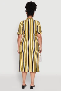 Womens Plus Size Striped Shirt Dress with Tie Waist Belt and Flap Pockets, Multi, Size 3X