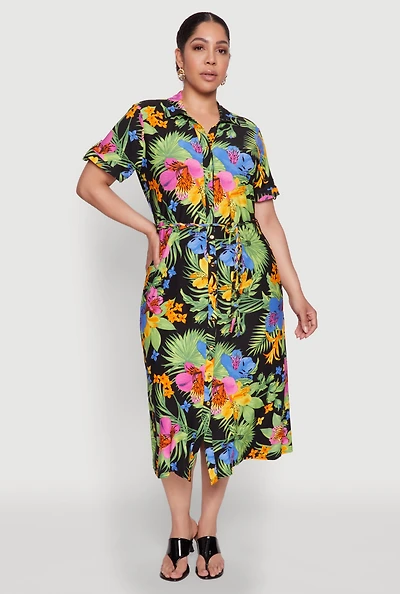 Plus Tie Waist Belted Floral Print Shirt Dress
