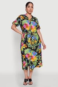 Plus Tie Waist Belted Floral Print Shirt Dress