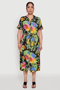 Womens Plus Size Tie Waist Belted Floral Print Shirt Dress, Multi, Size 2X
