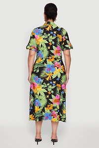 Womens Plus Size Tie Waist Belted Floral Print Shirt Dress, Multi, Size 3X