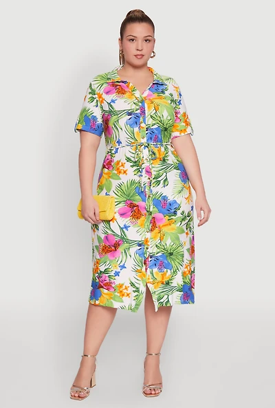 Womens Plus Size Tie Waist Belted Floral Print Shirt Dress, Multi, Size 2X