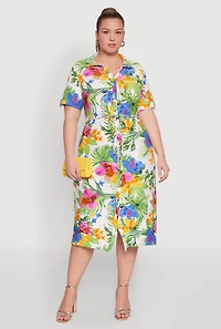 Plus Tie Waist Belted Floral Print Shirt Dress
