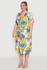 Womens Plus Size Tie Waist Belted Floral Print Shirt Dress, Multi, Size 4X