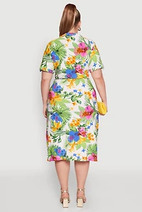 Womens Plus Size Tie Waist Belted Floral Print Shirt Dress, Multi, Size 4X