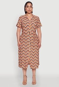 Womens Plus Size Wavy Striped Midi Shirt Dress, Multi, Size 4X