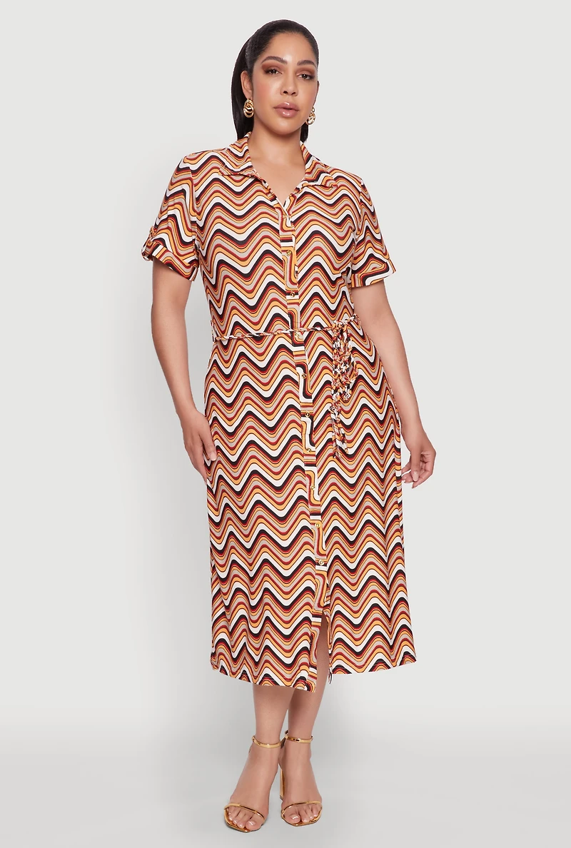 Womens Plus Size Wavy Striped Midi Shirt Dress, Multi, Size 2X