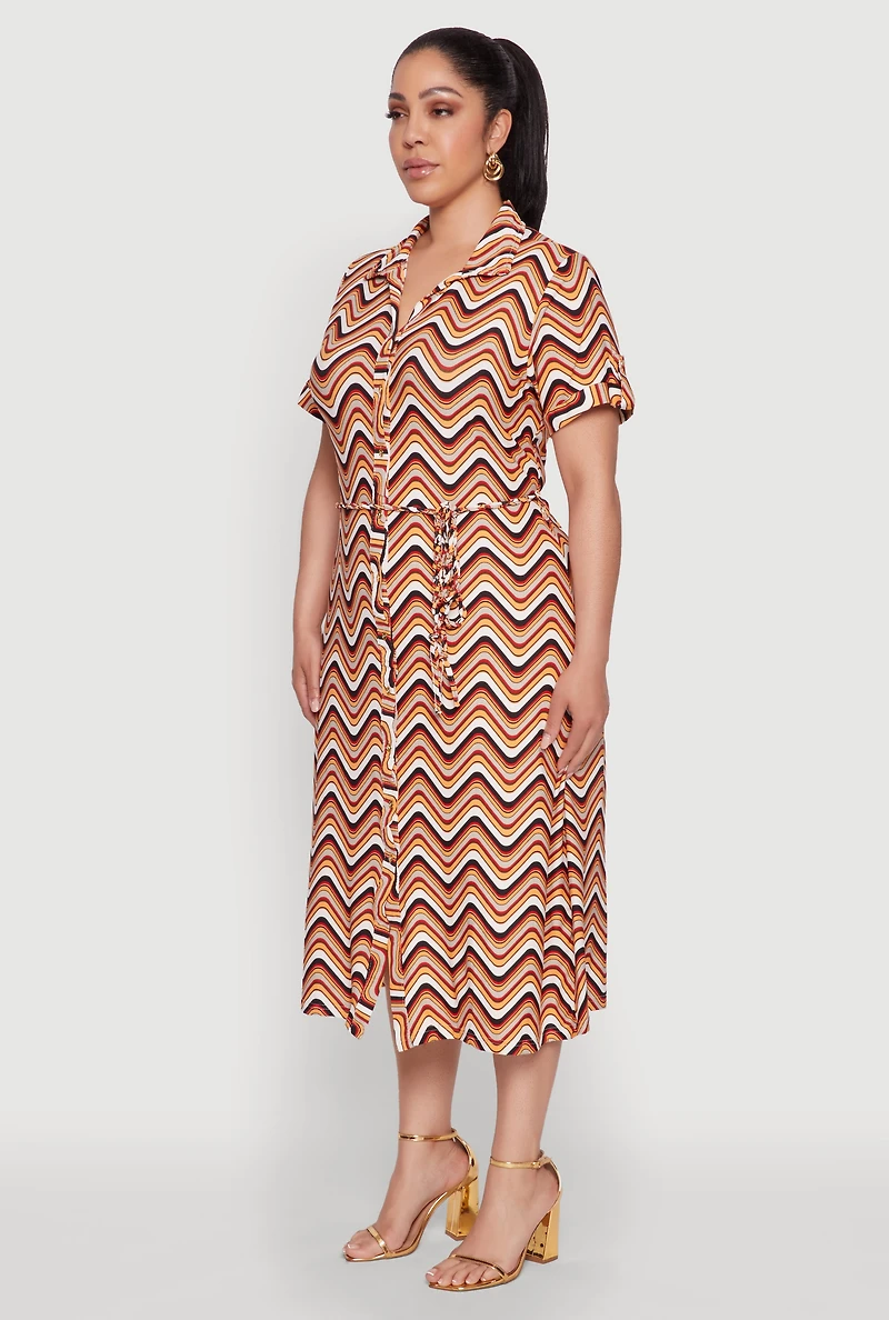 Womens Plus Size Wavy Striped Midi Shirt Dress, Multi, Size 2X