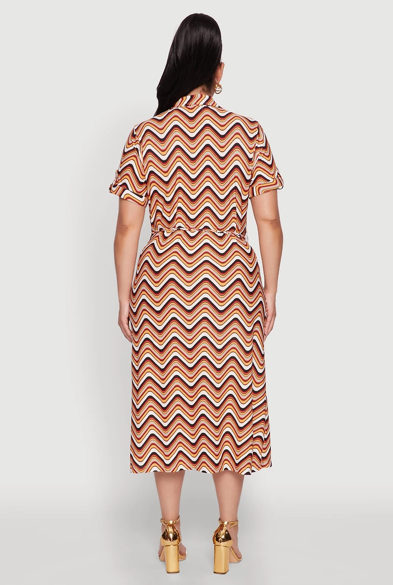 Womens Plus Size Wavy Striped Midi Shirt Dress, Multi, Size 2X
