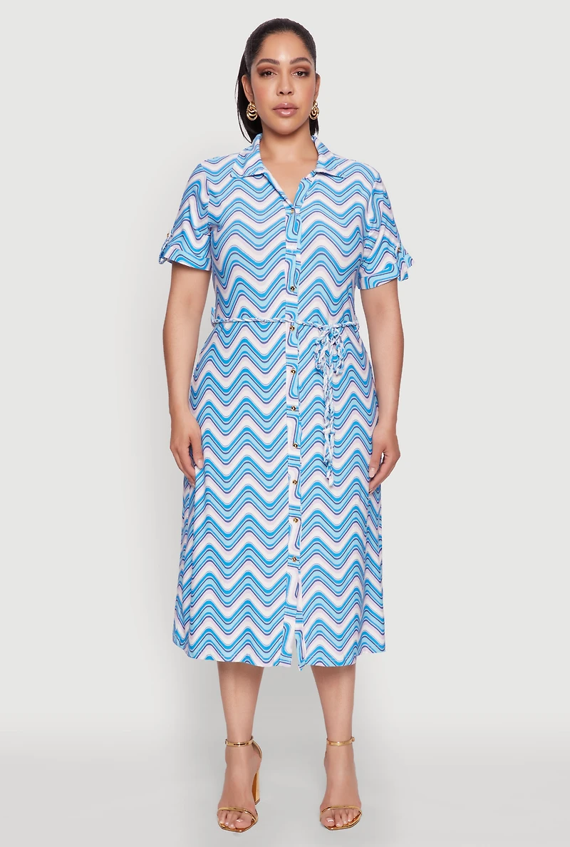 Womens Plus Wavy Striped Midi Shirt Dress, 2X