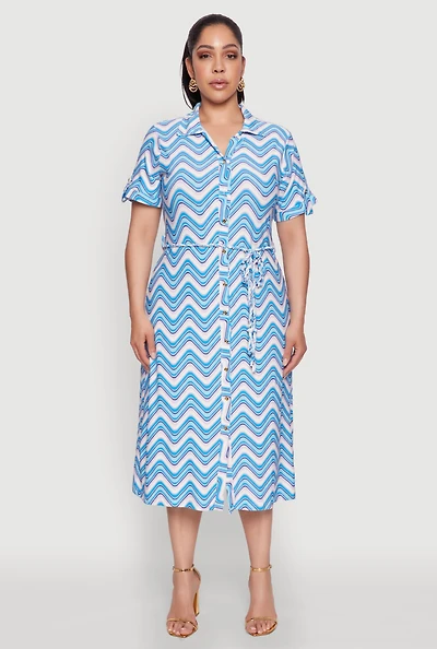 Womens Plus Wavy Striped Midi Shirt Dress, 2X