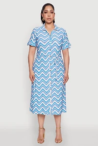 Womens Plus Wavy Striped Midi Shirt Dress, 2X