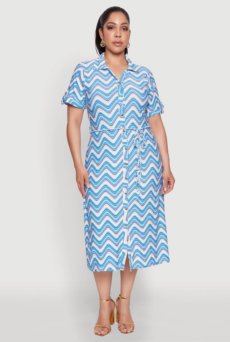 Womens Plus Wavy Striped Midi Shirt Dress, 2X