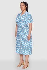Womens Plus Wavy Striped Midi Shirt Dress, 2X
