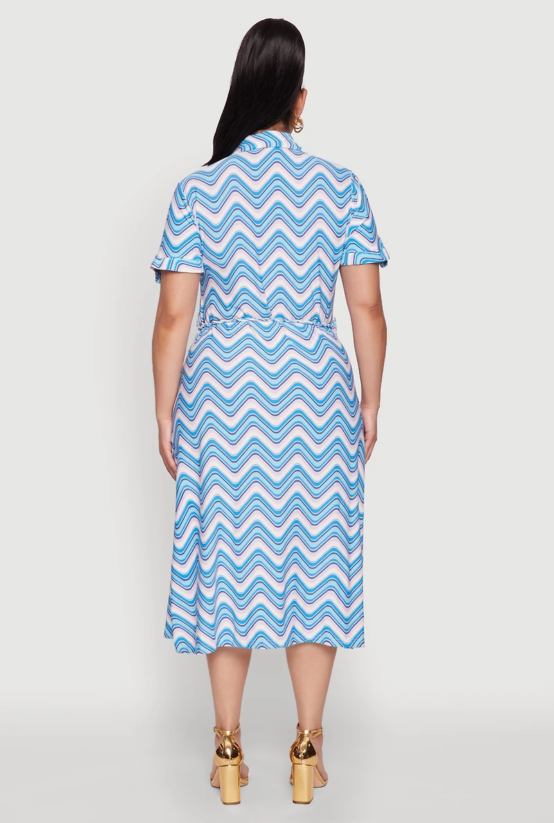 Womens Plus Wavy Striped Midi Shirt Dress, 2X