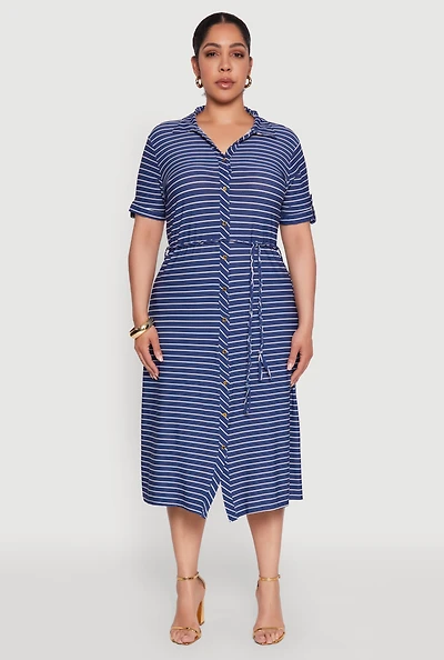 Womens Plus Size Striped Tie Waist Button Front Shirt Dress, Blue, Size 3X