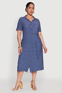 Womens Plus Striped Tie Waist Button Front Shirt Dress,