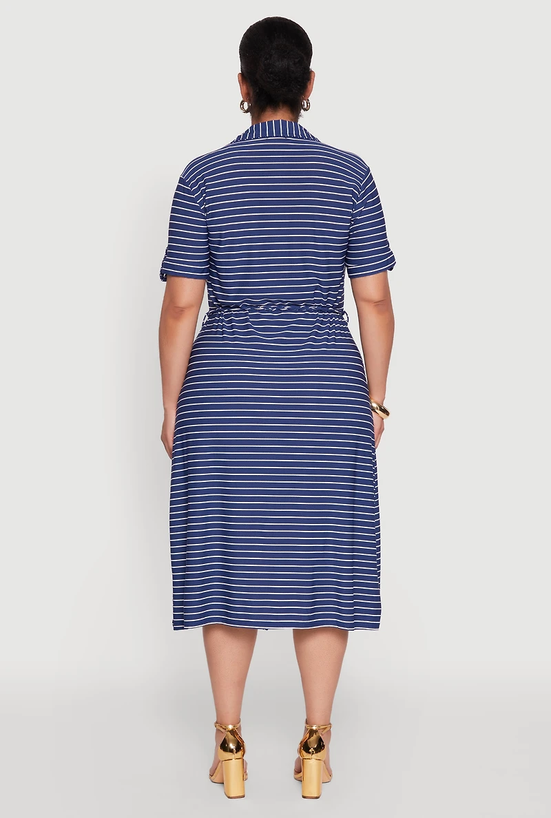 Womens Plus Size Striped Tie Waist Button Front Shirt Dress, Blue, Size 3X