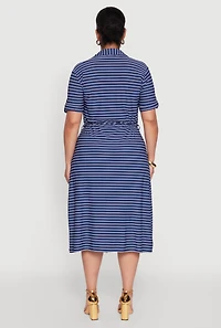 Womens Plus Size Striped Tie Waist Button Front Shirt Dress, Blue, Size 3X