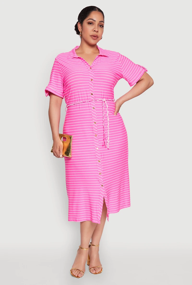 Plus Striped Tie Waist Button Front Shirt Dress