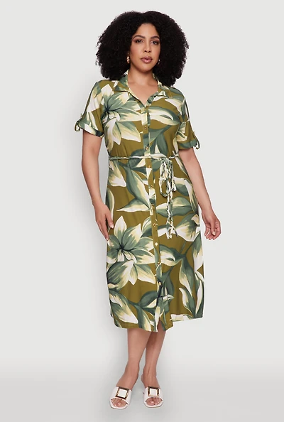 Womens Plus Size Floral Print Shirt Dress with Tie Waist Belt, Green, Size 3X