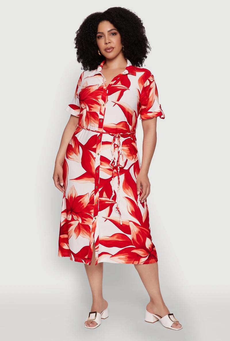 Plus Floral Print Shirt Dress with Tie Waist Belt