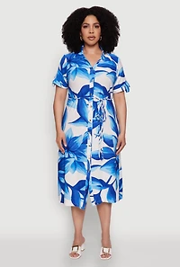 Womens Plus Floral Print Shirt Dress with Tie Waist Belt, 2X