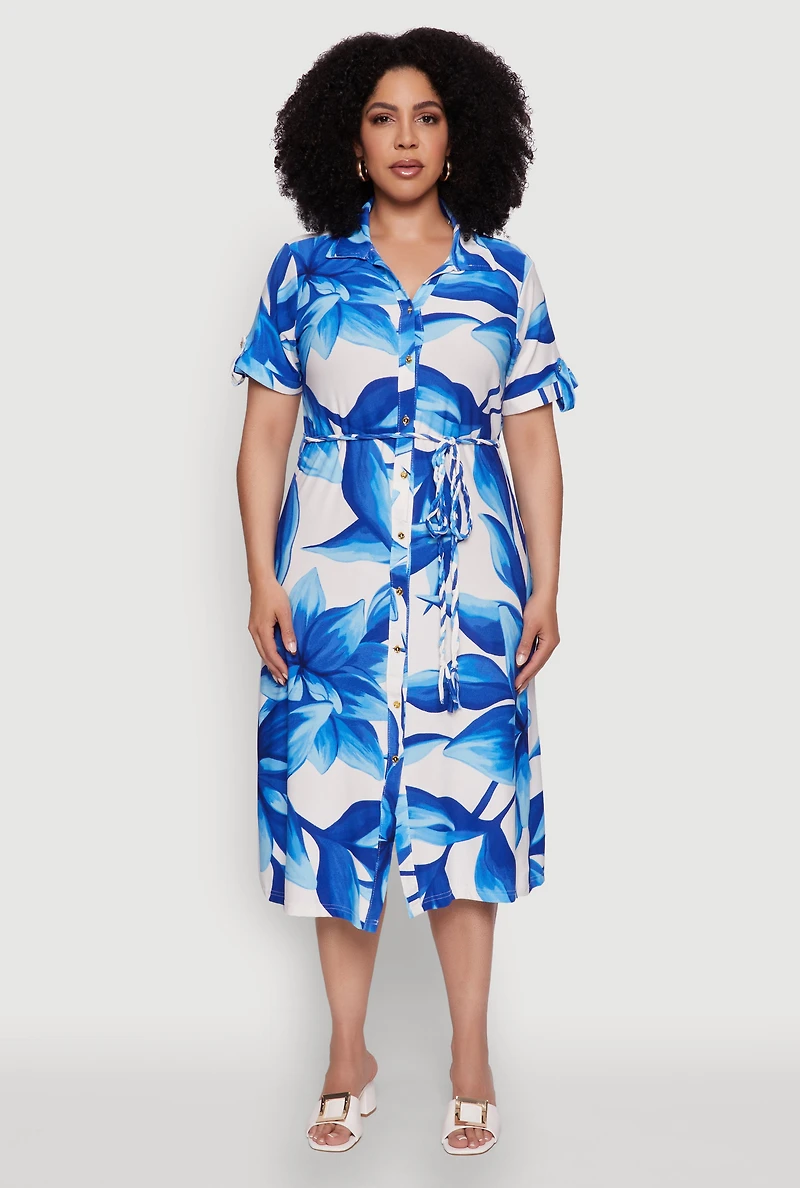 Womens Plus Size Floral Print Shirt Dress with Tie Waist Belt, Blue, Size 3X