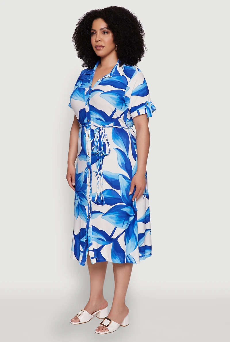 Womens Plus Size Floral Print Shirt Dress with Tie Waist Belt, Blue, Size 3X
