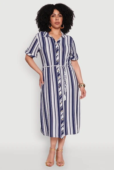 Womens Plus Size Striped Midi Shirt Dress, Blue, Size 2X