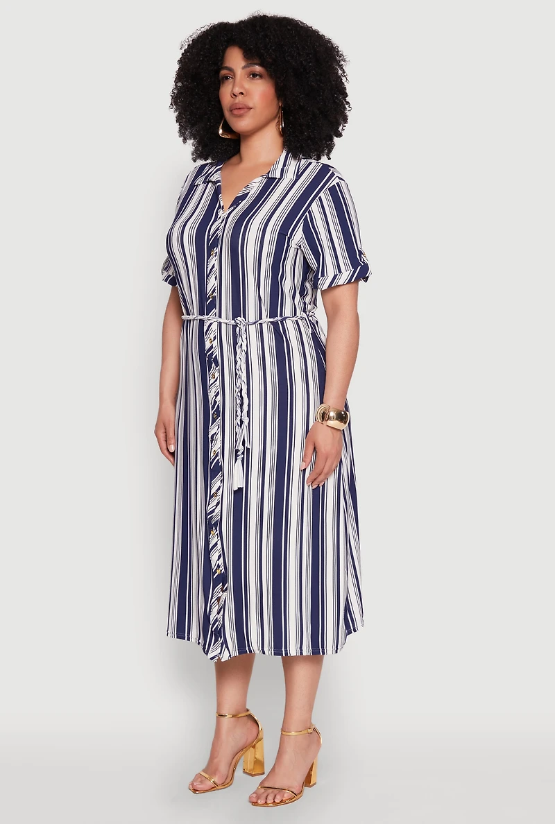 Womens Plus Striped Midi Shirt Dress, Blue,