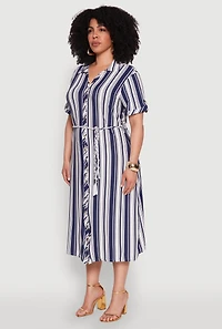 Womens Plus Striped Midi Shirt Dress, Blue,