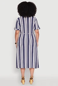Womens Plus Size Striped Midi Shirt Dress, Blue, Size 3X