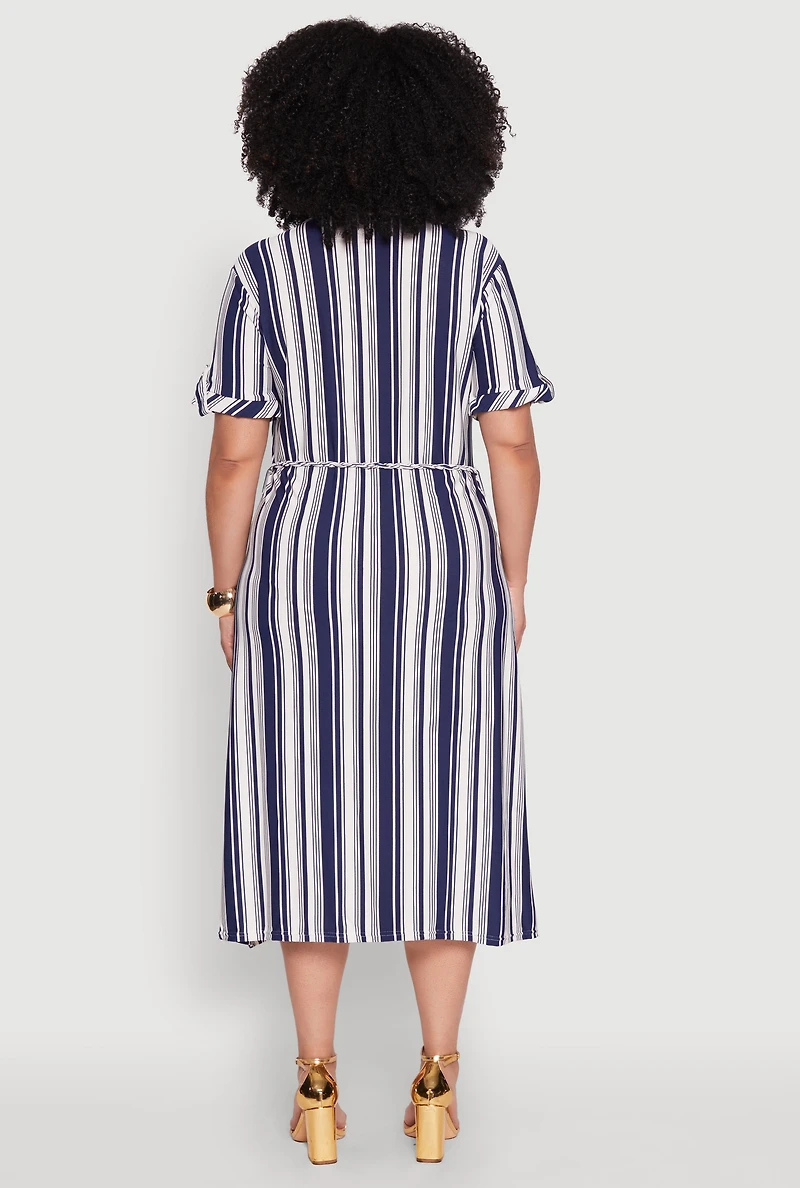 Womens Plus Striped Midi Shirt Dress, Blue,