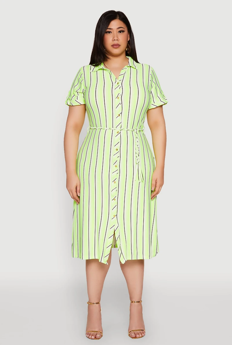 Womens Plus Size Tie Waist Belted Striped Shirt Dress, Green, Size 2X
