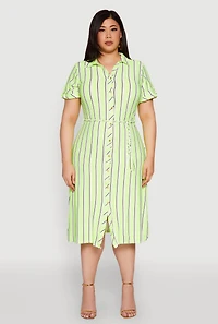 Womens Plus Size Tie Waist Belted Striped Shirt Dress, Green, Size 2X