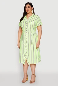 Womens Plus Size Tie Waist Belted Striped Shirt Dress, Green, Size 2X