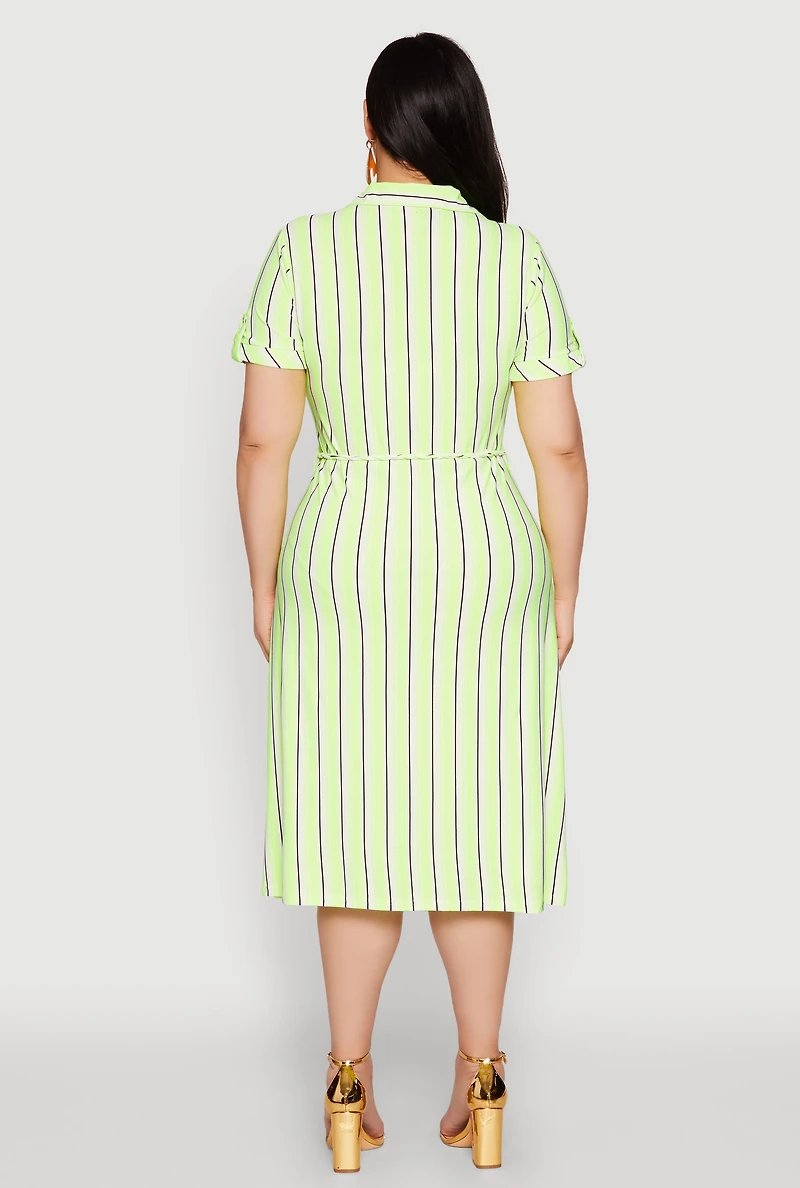 Womens Plus Size Tie Waist Belted Striped Shirt Dress, Green, Size 2X