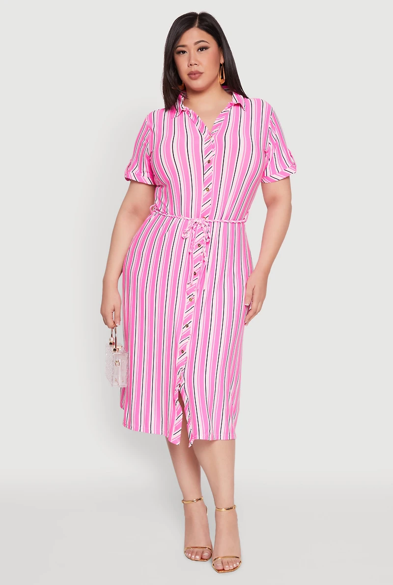 Womens Plus Size Tie Waist Belted Striped Shirt Dress, Pink, Size 3X