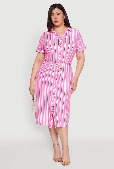 Womens Plus Size Tie Waist Belted Striped Shirt Dress, Pink, Size 3X
