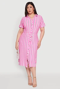 Womens Plus Size Tie Waist Belted Striped Shirt Dress, Pink, Size 3X