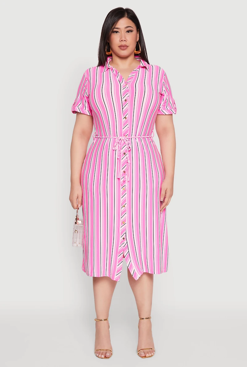 Womens Plus Size Tie Waist Belted Striped Shirt Dress, Pink, Size 3X