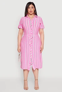 Womens Plus Size Tie Waist Belted Striped Shirt Dress, Pink, Size 3X
